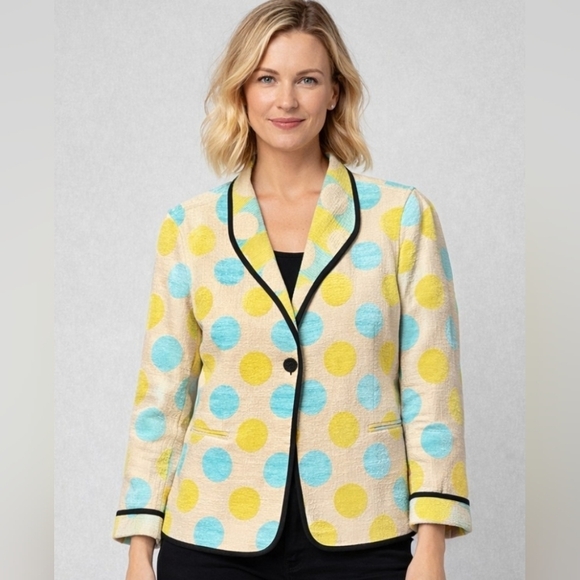 Khangura Jackets & Blazers - Khangura EUC Vibrant Polka Dot Blazer Cream, Yellow, and Blue Size Large PTP 21